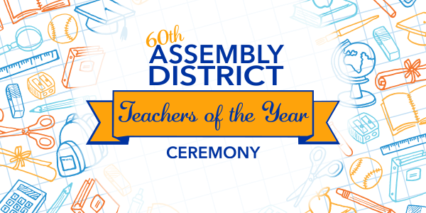 Graphic with colorful school doodles with Blue and Gold Text 60th Assembly District Teachers of the Year Ceremony