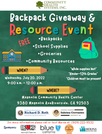 Please join me, Senator Richard Roth, and Magnolia Community Health Systems, Inc. for a Backpack Giveaway and Resource Event!  FREE:  Backpacks School Supplies Groceries Community Resources While supplies last. Children (5-17) must be present.