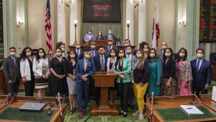 California State Assemblymembers donning LGBTQ Pride masks on the Assembly Floor in honor of Pride Month
