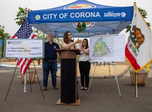 Assemblymember Cervantes gives remarks and presents check to City of Corona